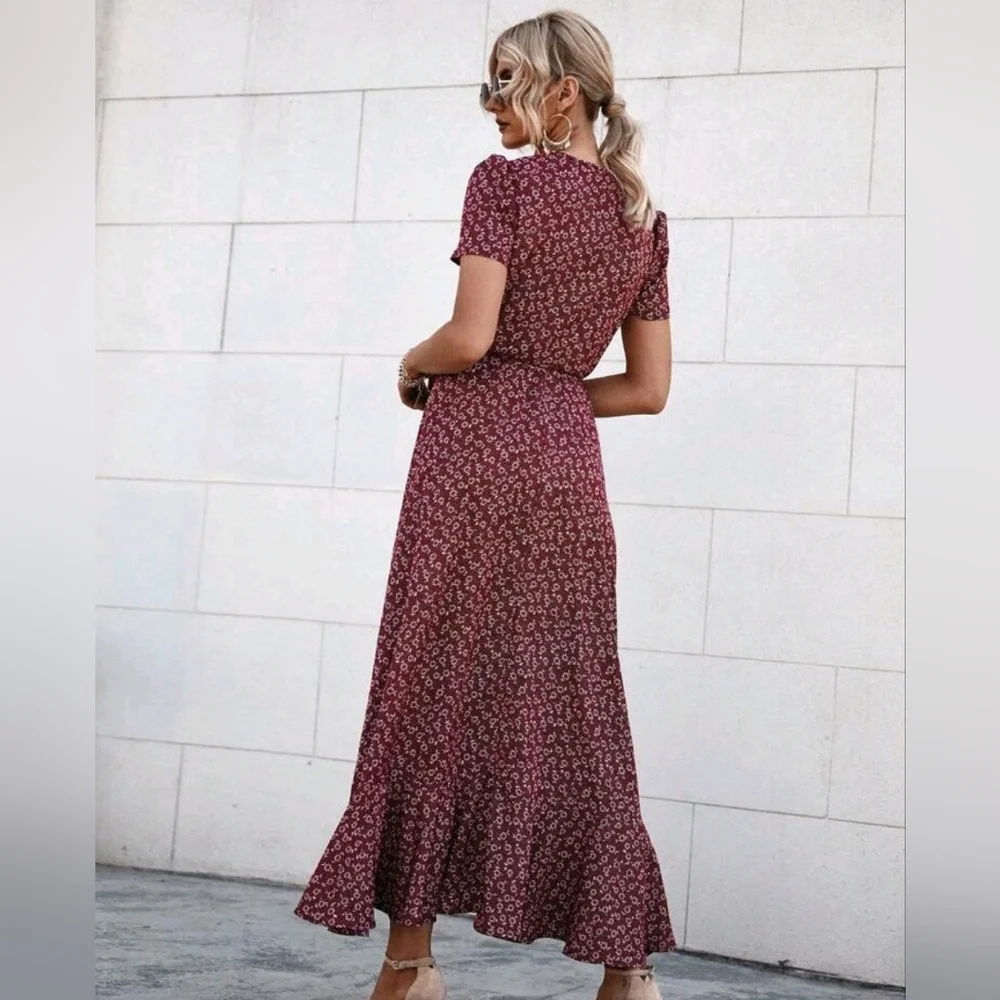 New Boho Floral Wrap Ruffle Maxi Dress Burgundy Red White - Picture 3 of 9